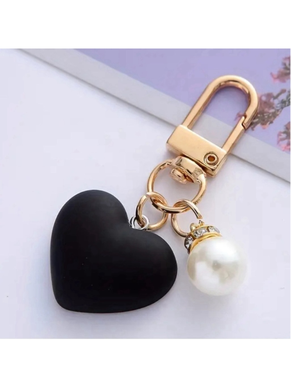 NEW Black Heart Pearl Gold Bag Charm Key Ring Accessory NWT